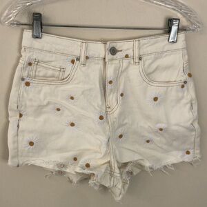 Cream Daisy Embroidered High-Rise Denim Shorts